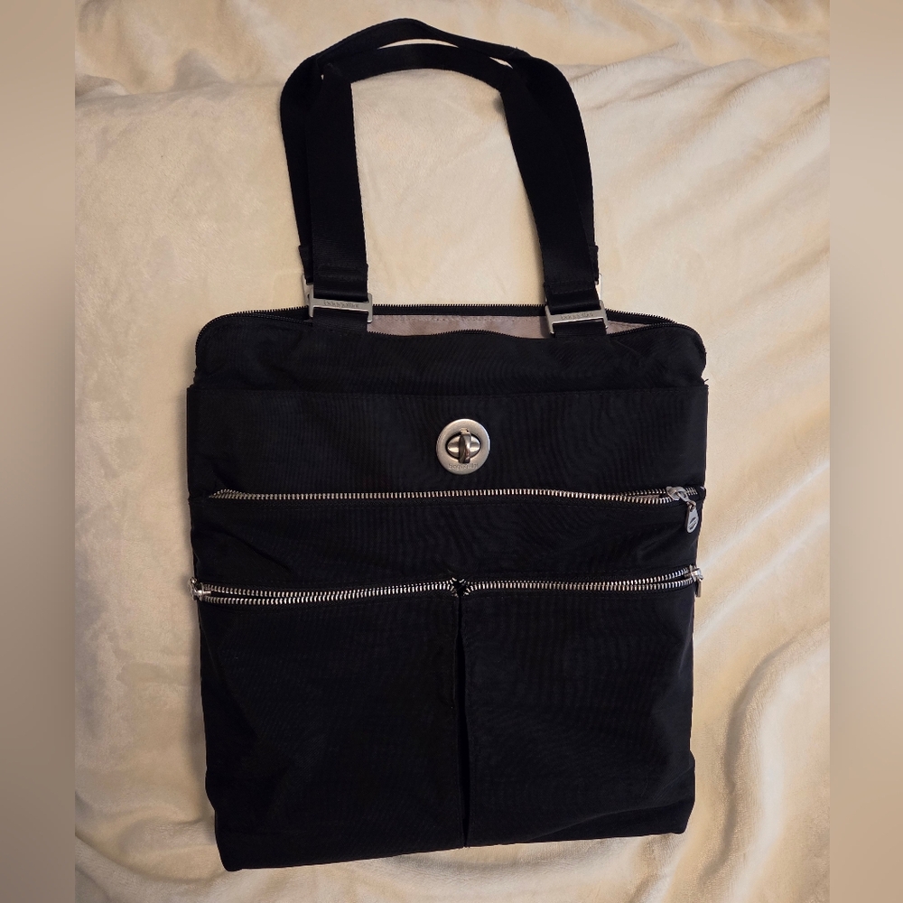 Baggallini Black Turnlock RFID Shoulder Tote Bag with Front Zippers